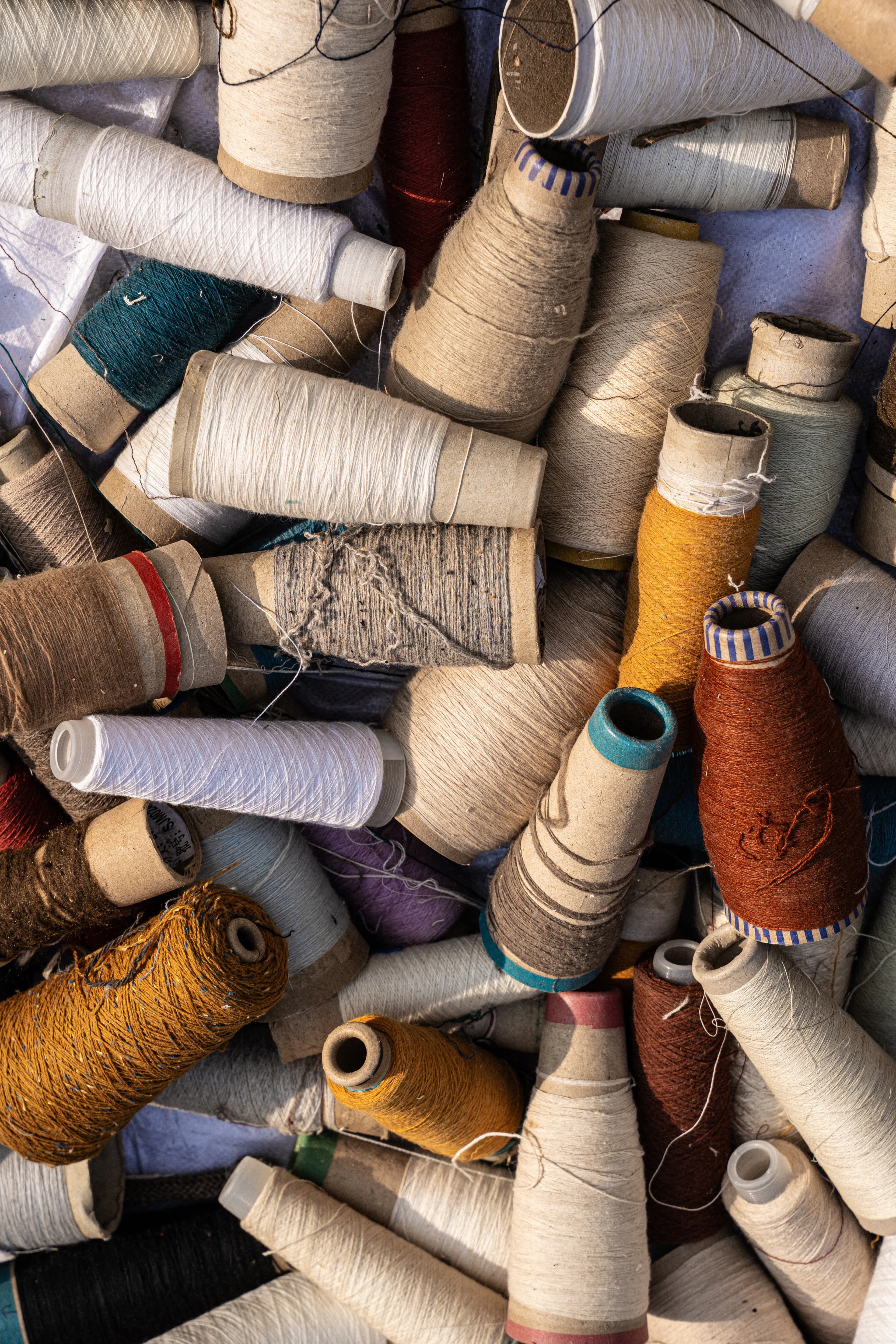Overhead view of cones and spools of cashmere yarn in natural and dyed tones
